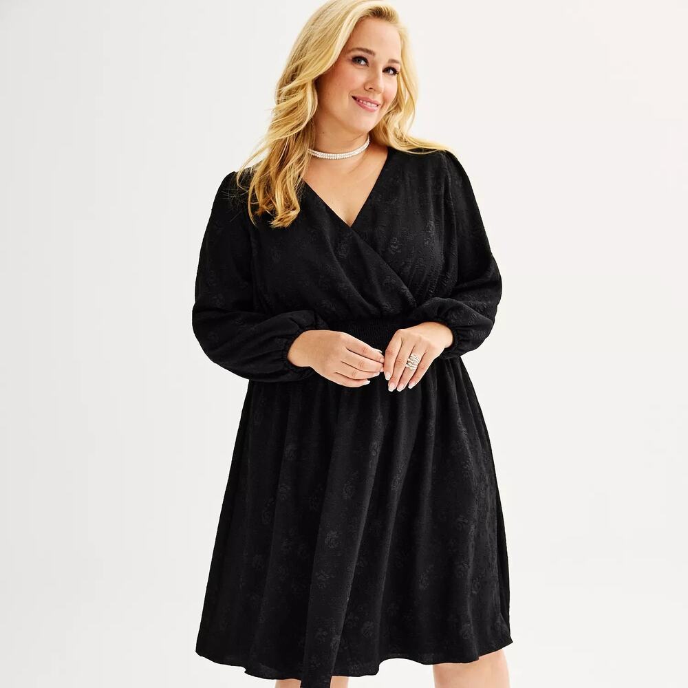 Draper James Black Long Sleeve Smocked Waist Floral Textured Dress